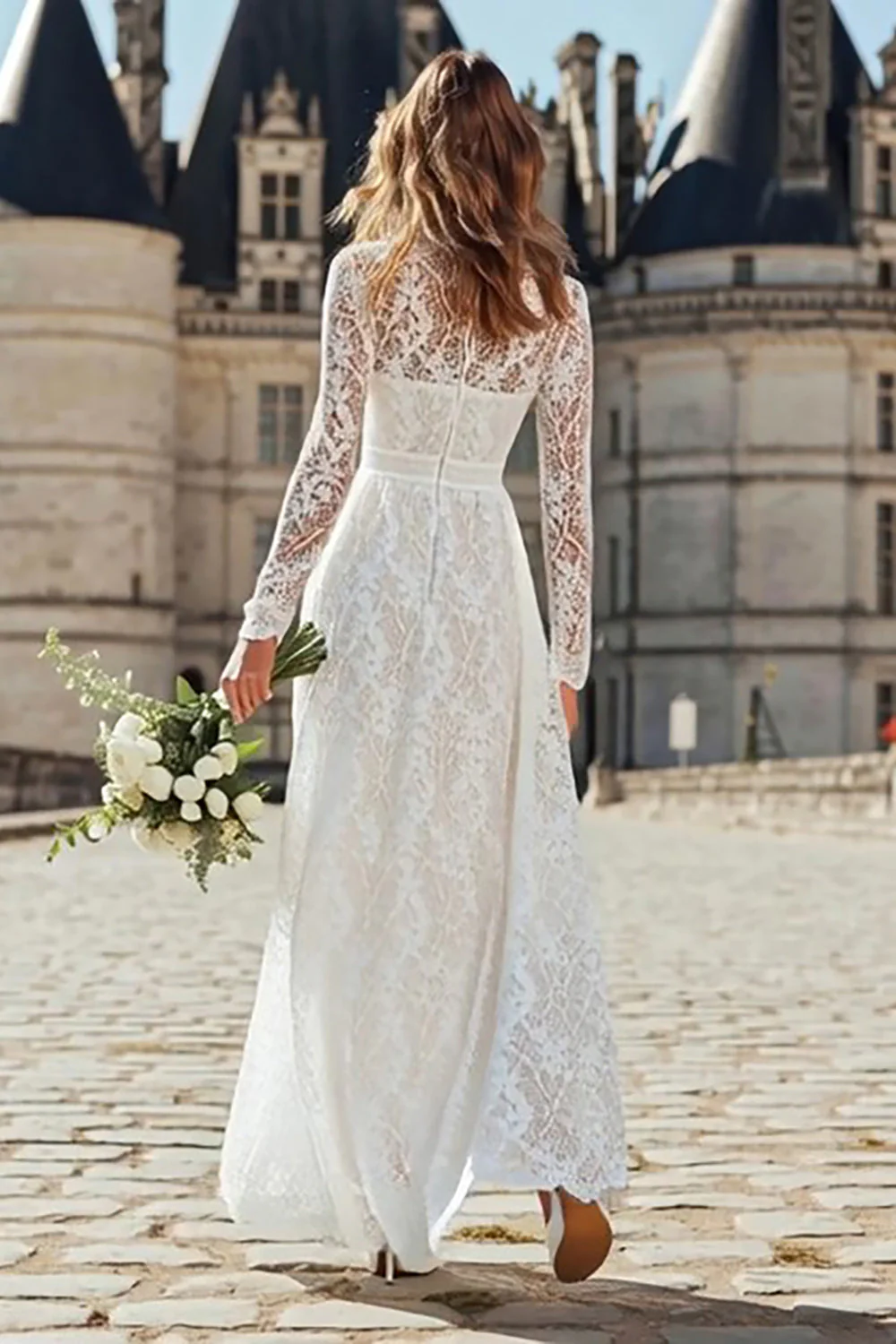 Ivory Sheath Lace Long High Neck Wedding Reception Dress - Image 2