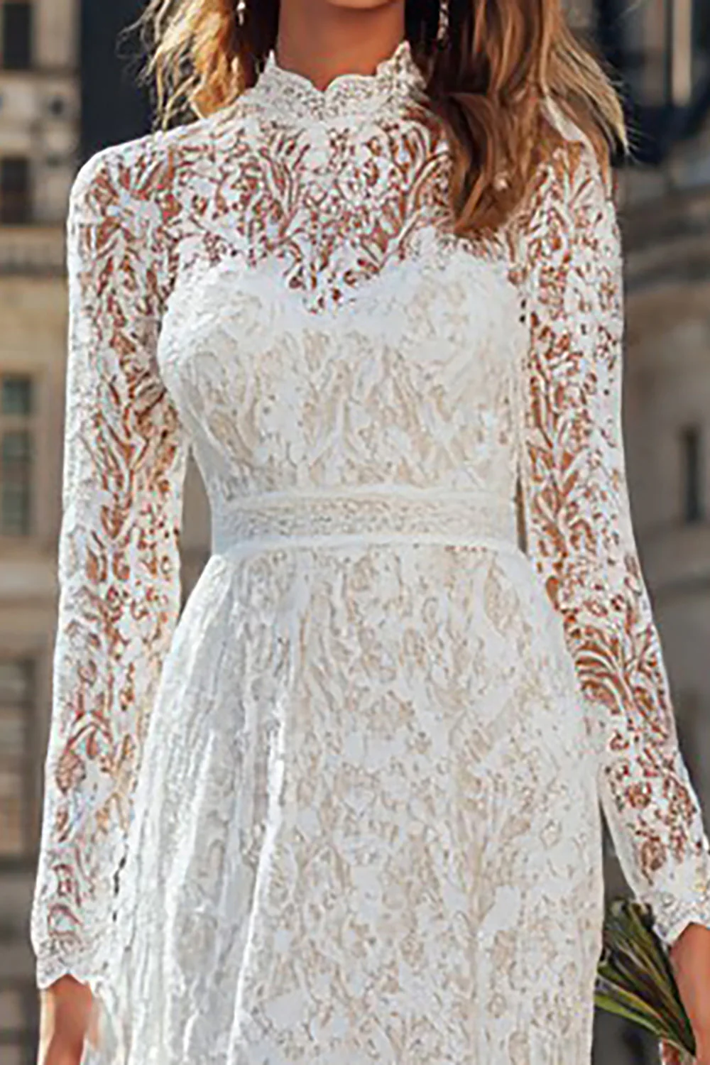 Ivory Sheath Lace Long High Neck Wedding Reception Dress - Image 3