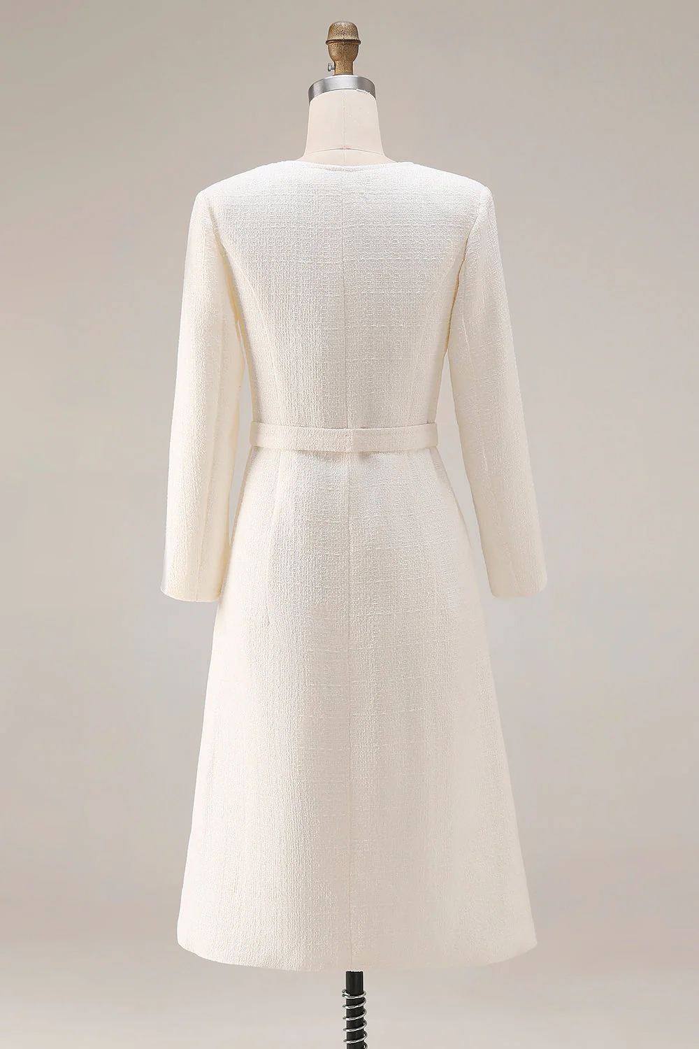 Ivory Sheath Tweed Long Sleeves Midi Work Dress with Belt - Image 2
