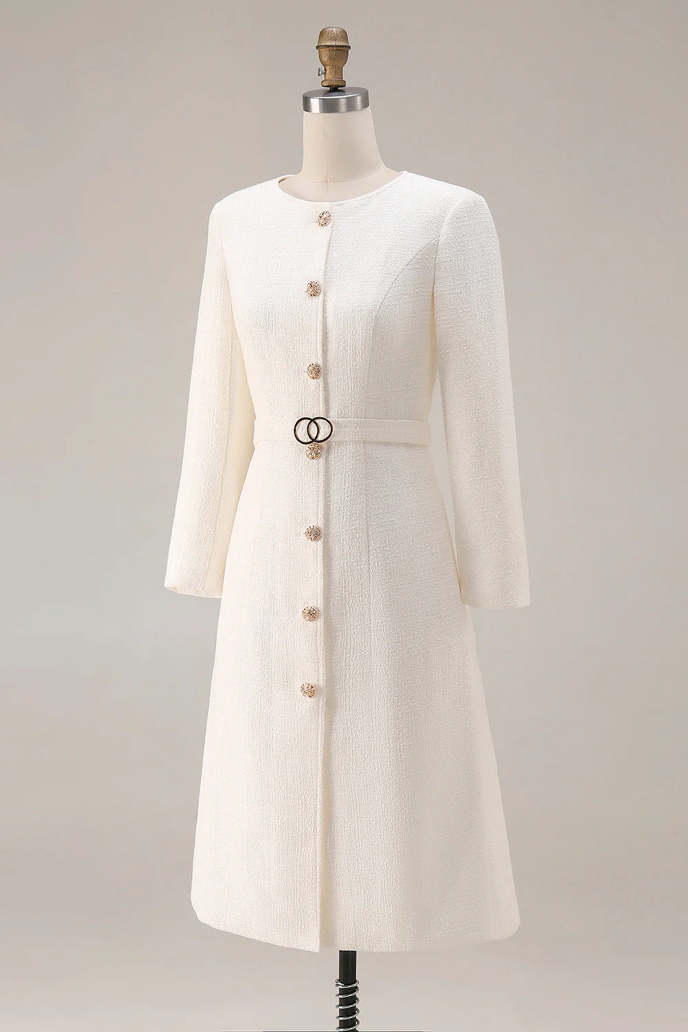 Ivory Sheath Tweed Long Sleeves Midi Work Dress with Belt - Image 3