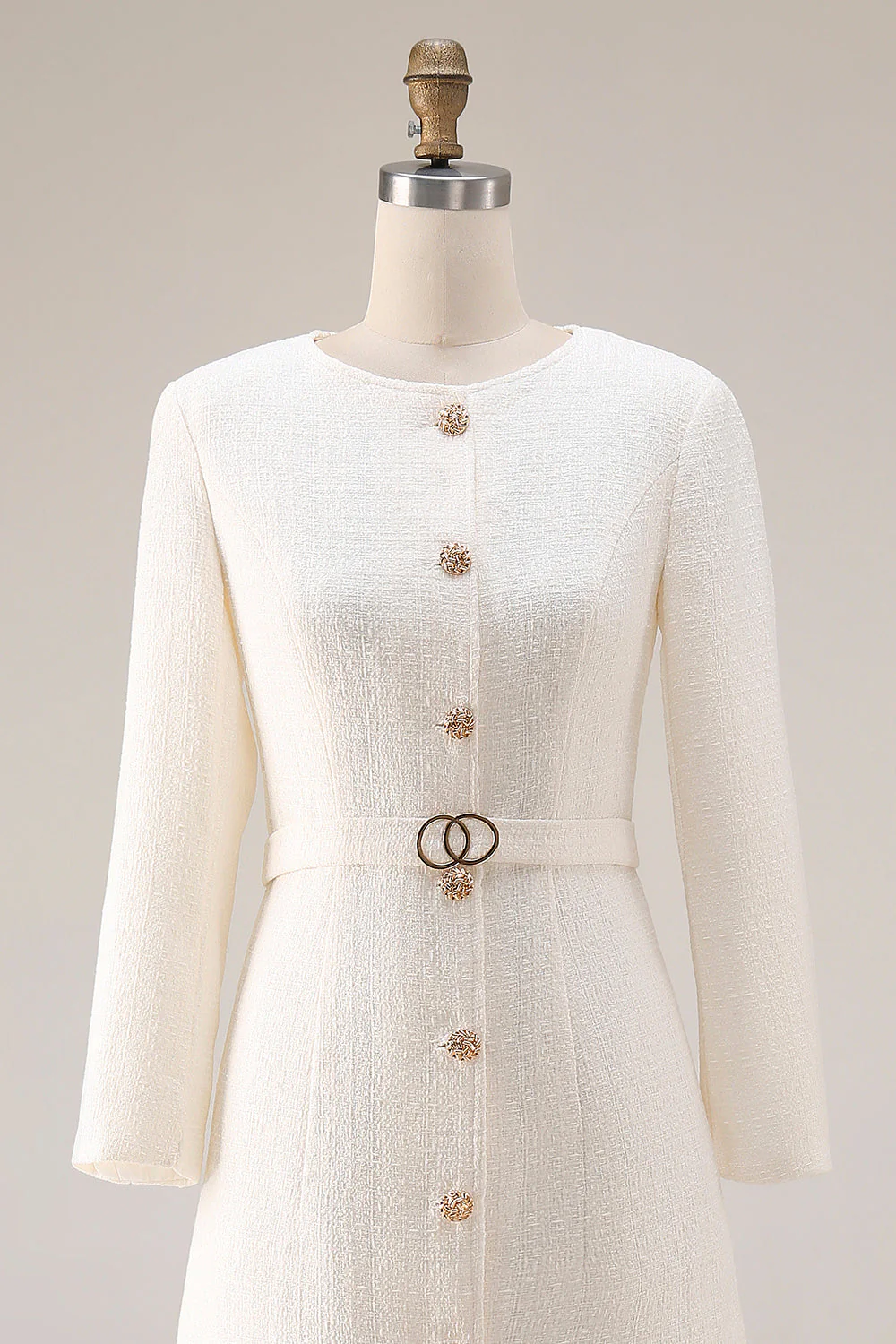 Ivory Sheath Tweed Long Sleeves Midi Work Dress with Belt - Image 4