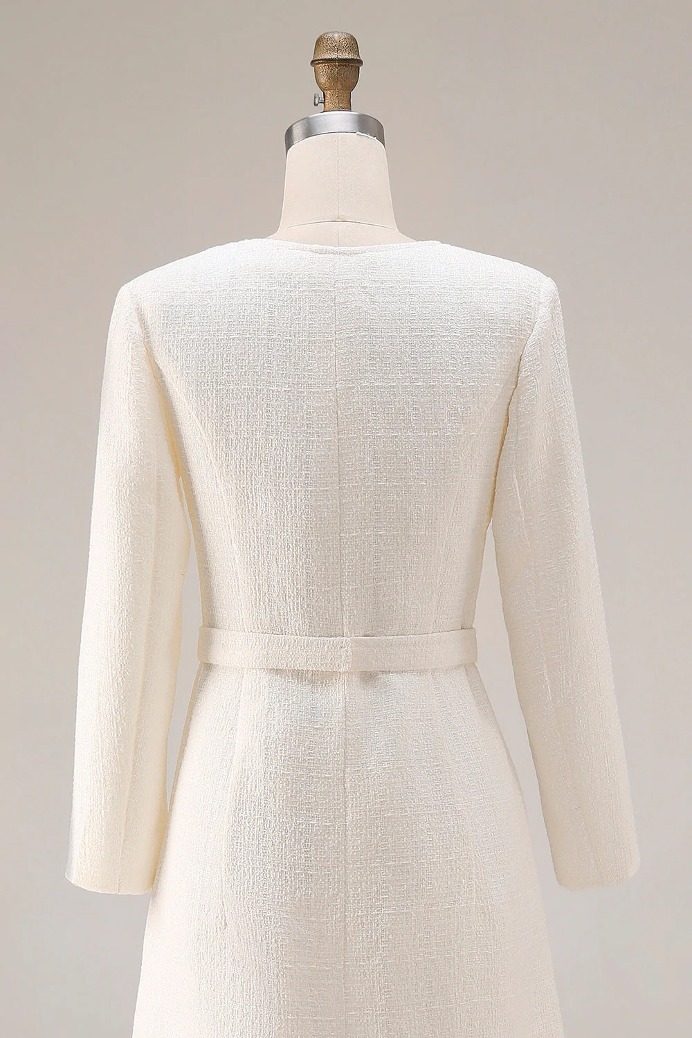 Ivory Sheath Tweed Long Sleeves Midi Work Dress with Belt - Image 5
