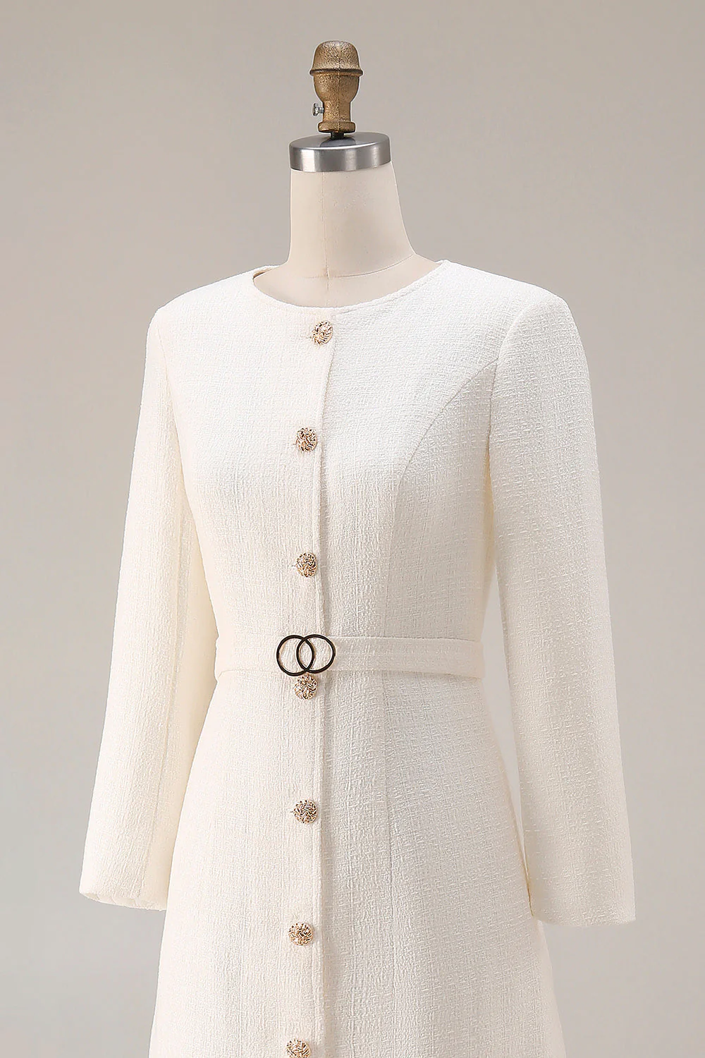 Ivory Sheath Tweed Long Sleeves Midi Work Dress with Belt - Image 6