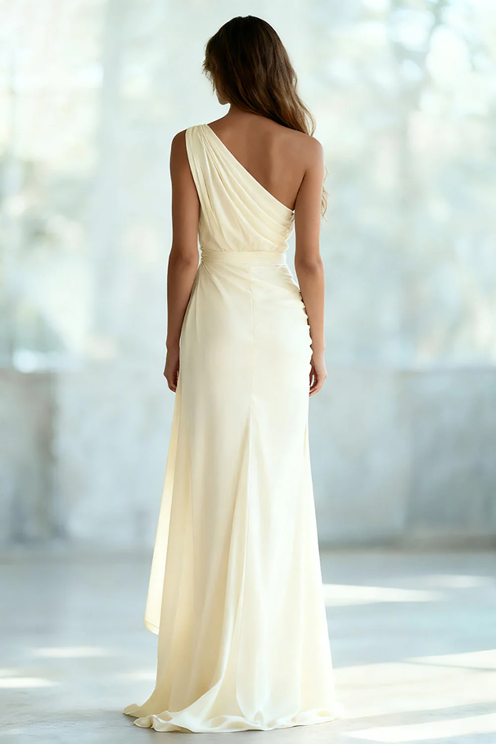 Ivory Sheath One Shoulder Ruched Long Formal Dress - Image 2