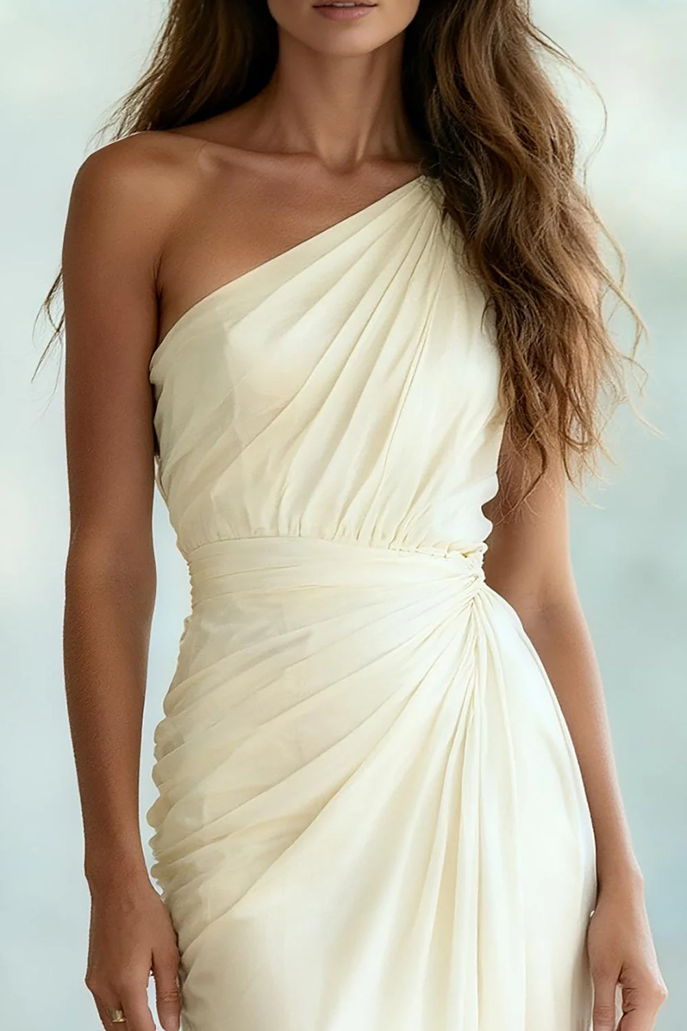Ivory Sheath One Shoulder Ruched Long Formal Dress - Image 3