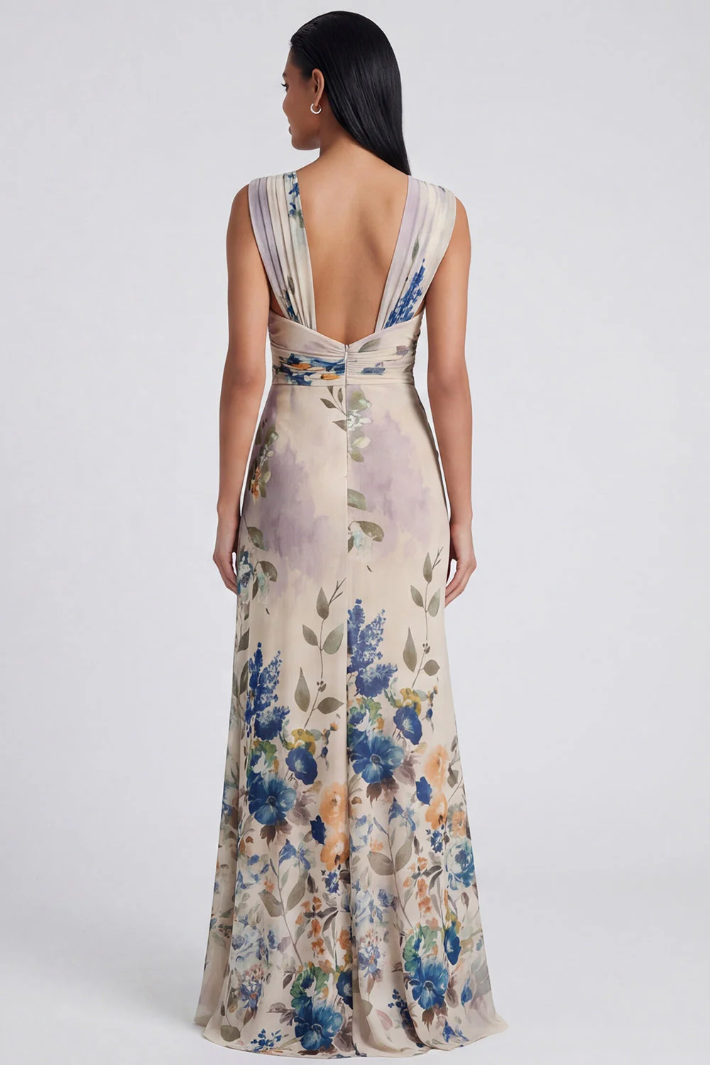 Ivory Sheath Printed Wide Straps Maxi Floral Dress with Slit - Image 2