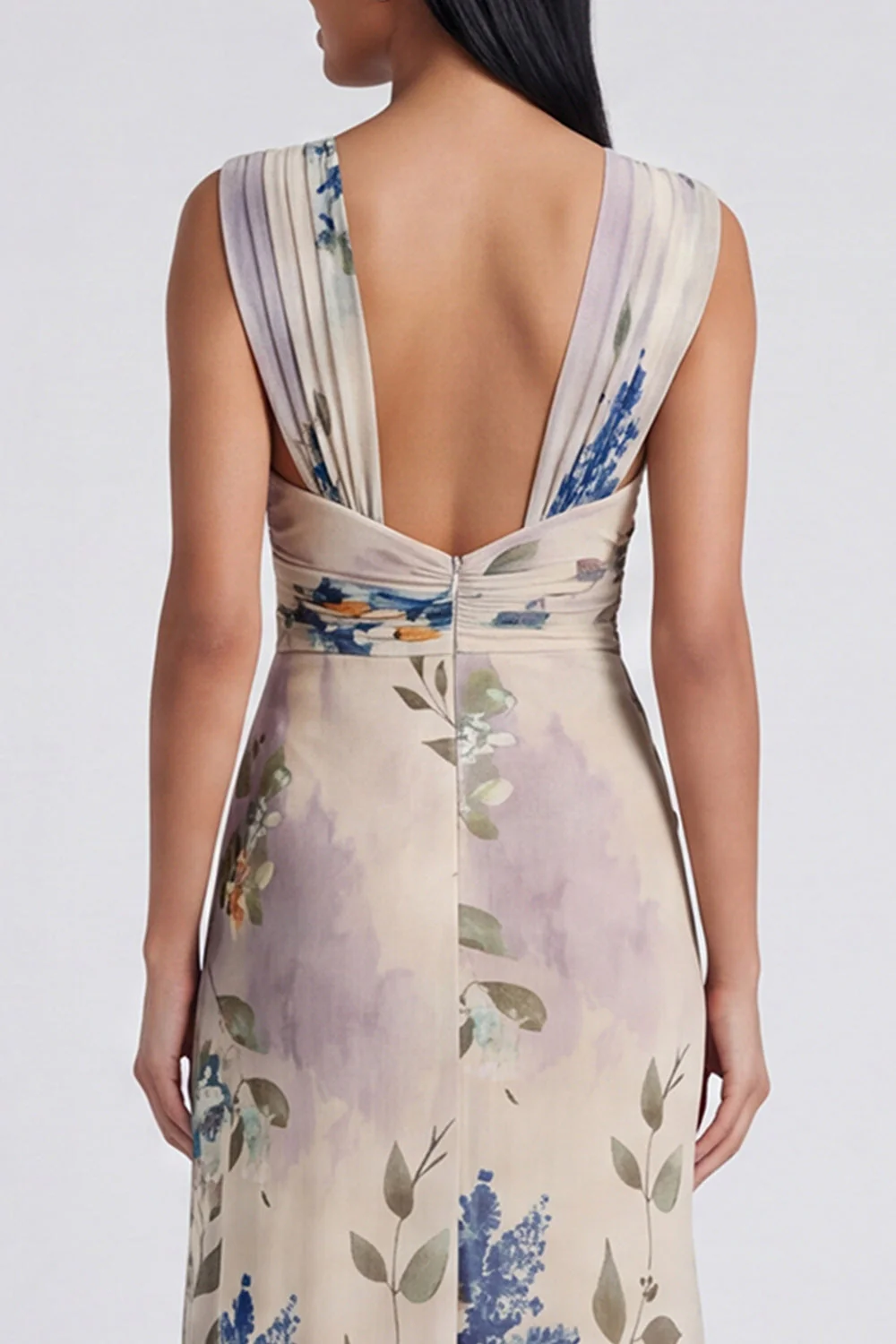 Ivory Sheath Printed Wide Straps Maxi Floral Dress with Slit - Image 4