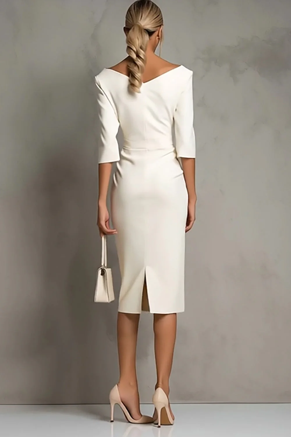 Ivory Sheath Ruched Midi Work Dress with Half Sleeves - Image 2