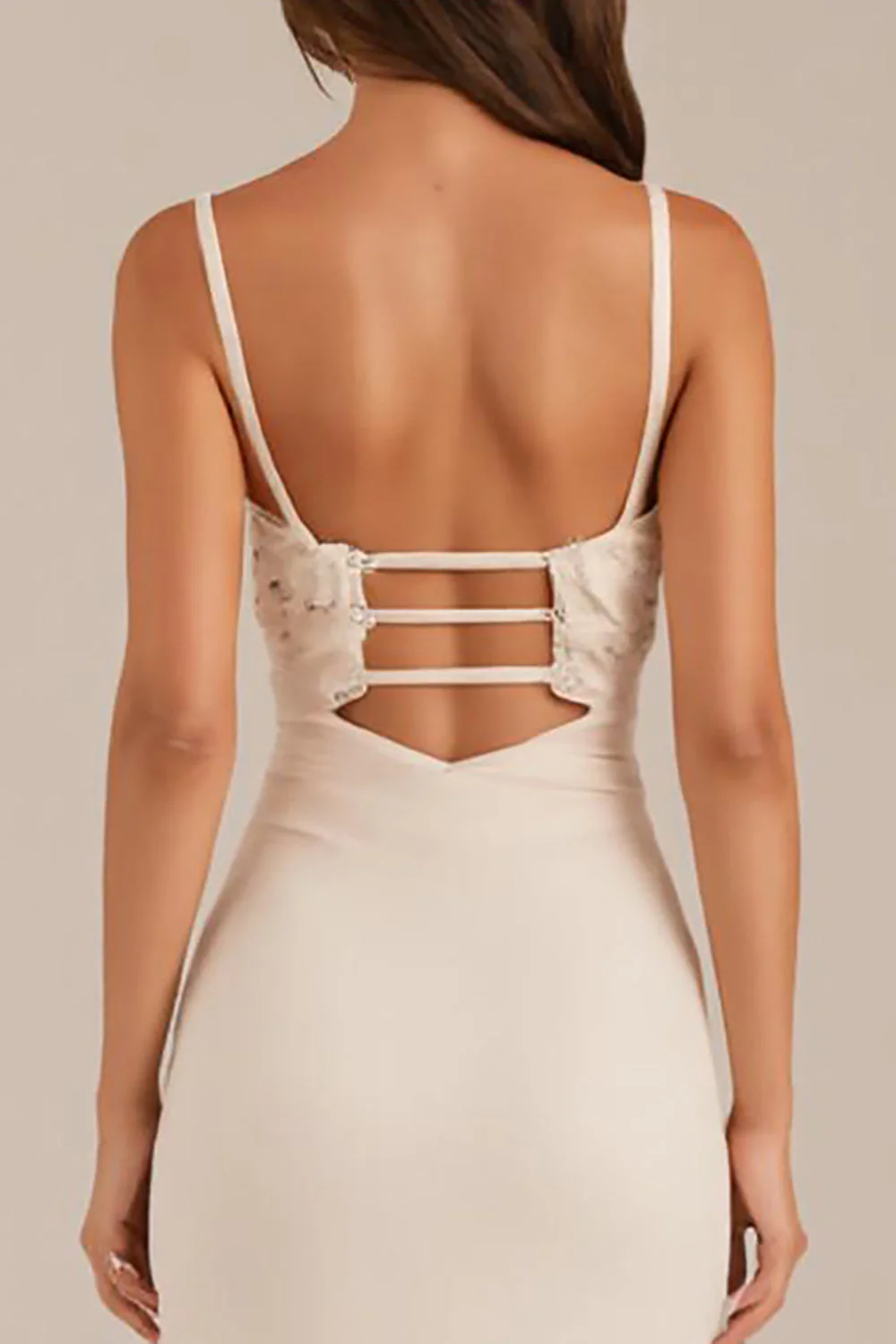 Ivory Sheath Ruched Spaghetti Straps Evening Dress with Slit - Image 4