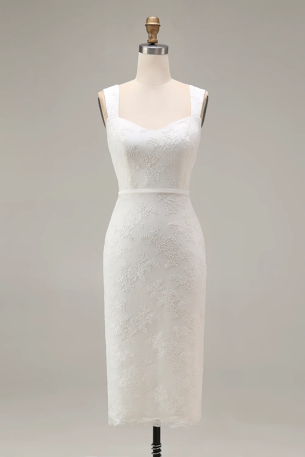 Ivory Sheath Spaghetti Straps Lace Appliqued Midi Wedding Dress - Image 4