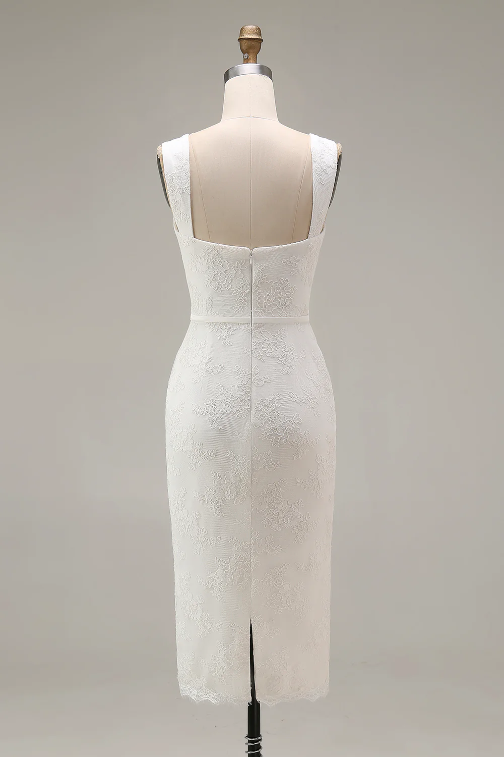 Ivory Sheath Spaghetti Straps Lace Appliqued Midi Wedding Dress - Image 5