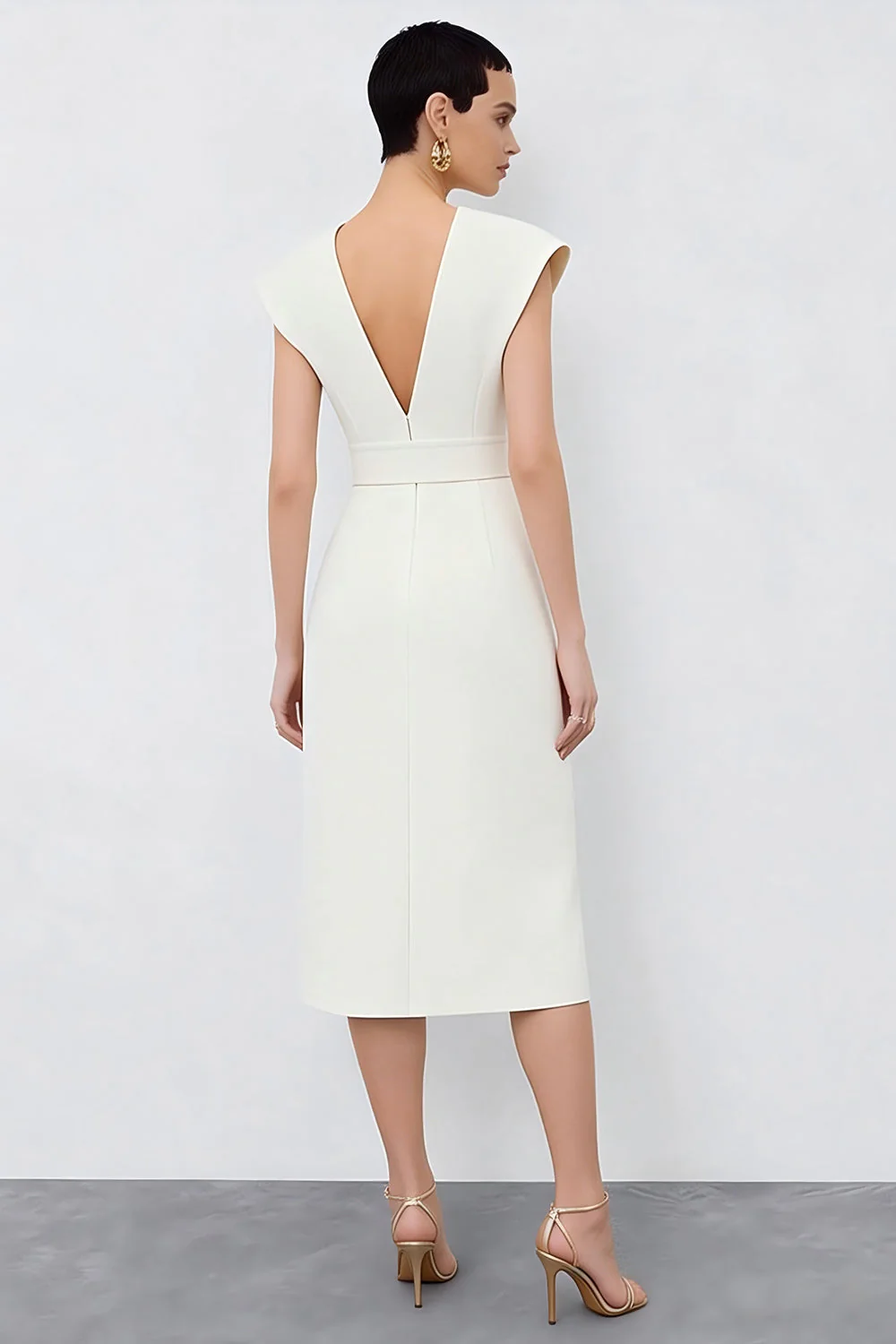 Ivory Sheath V-Neck Midi Work Dress with Belt - Image 2