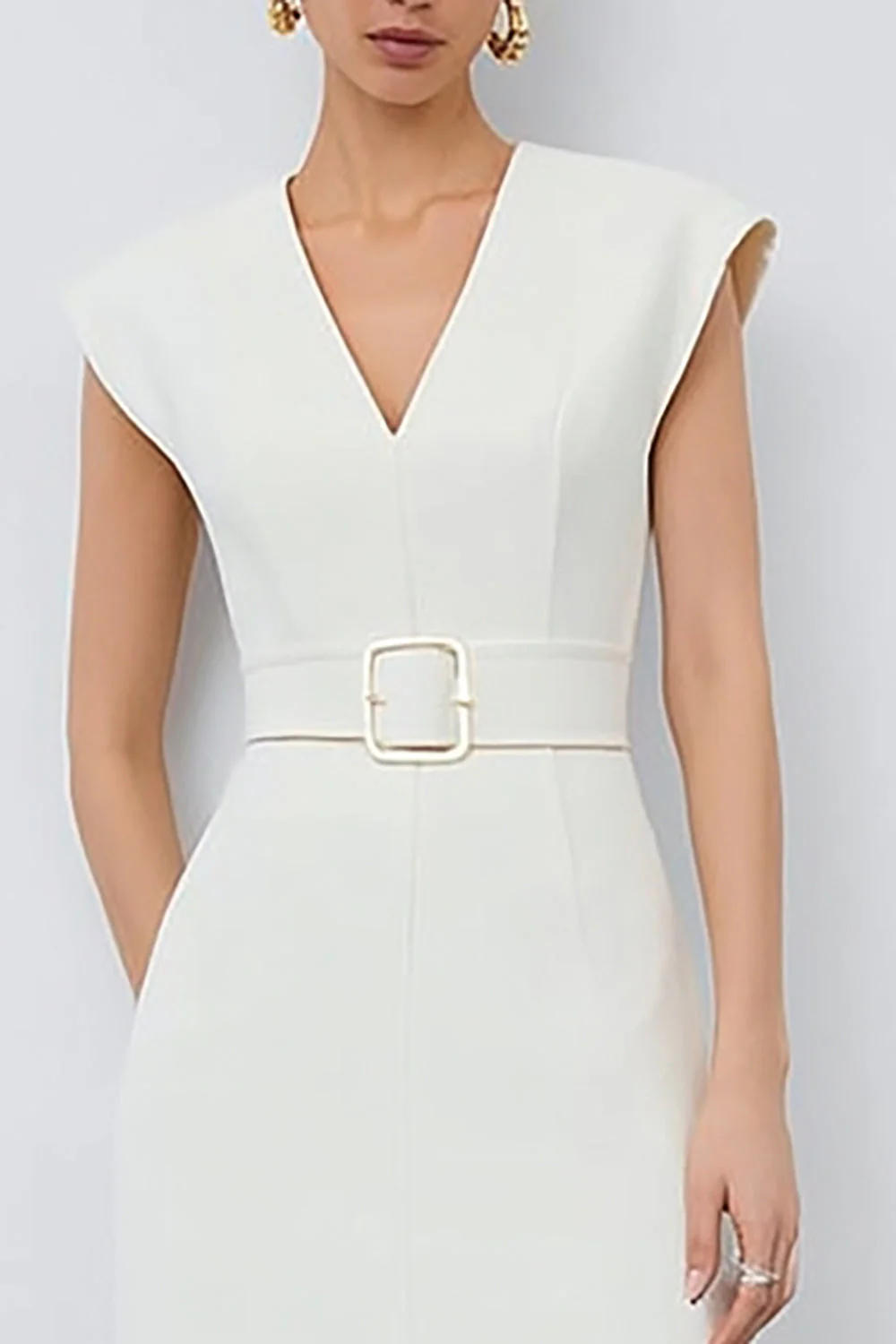 Ivory Sheath V-Neck Midi Work Dress with Belt - Image 3