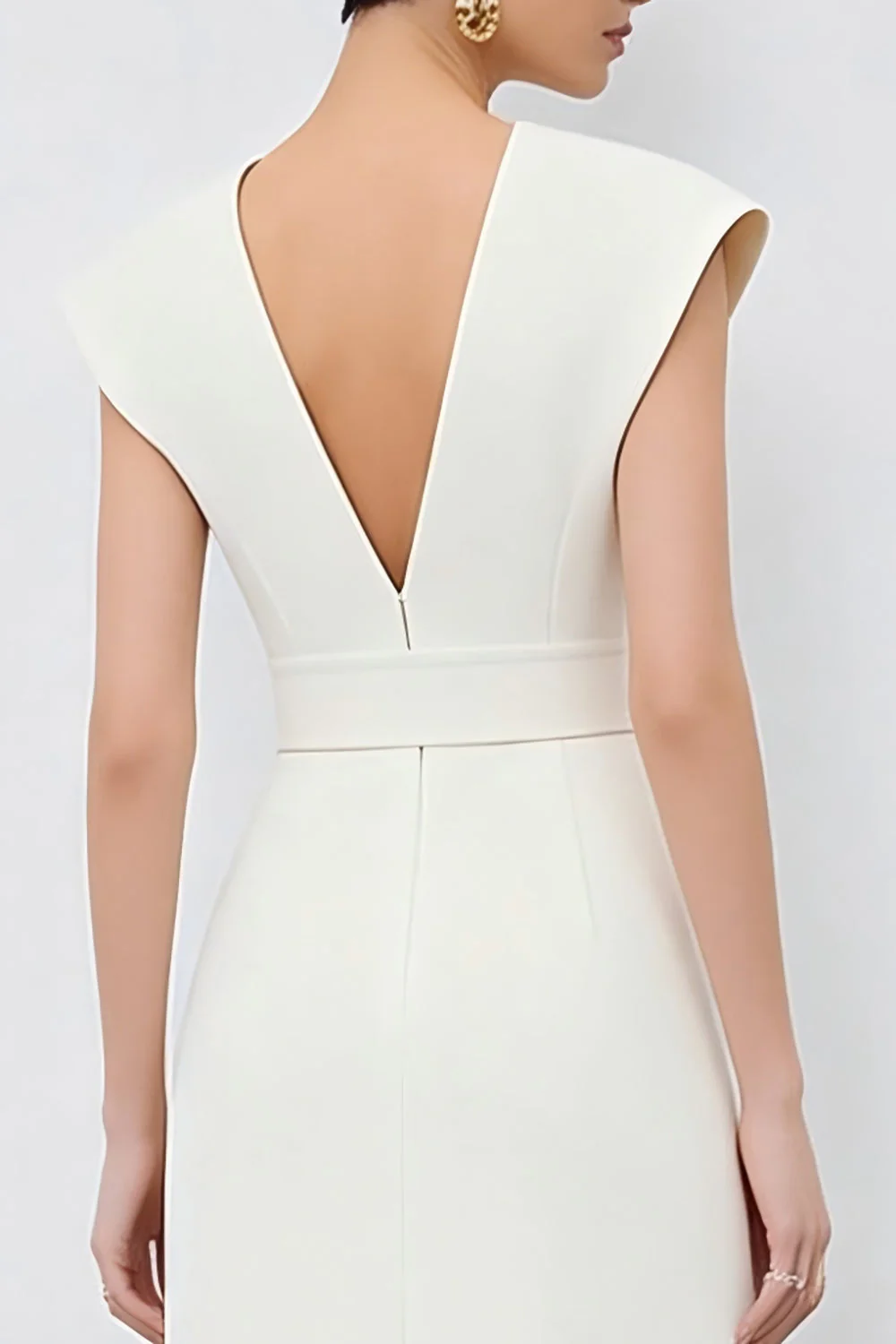 Ivory Sheath V-Neck Midi Work Dress with Belt - Image 4