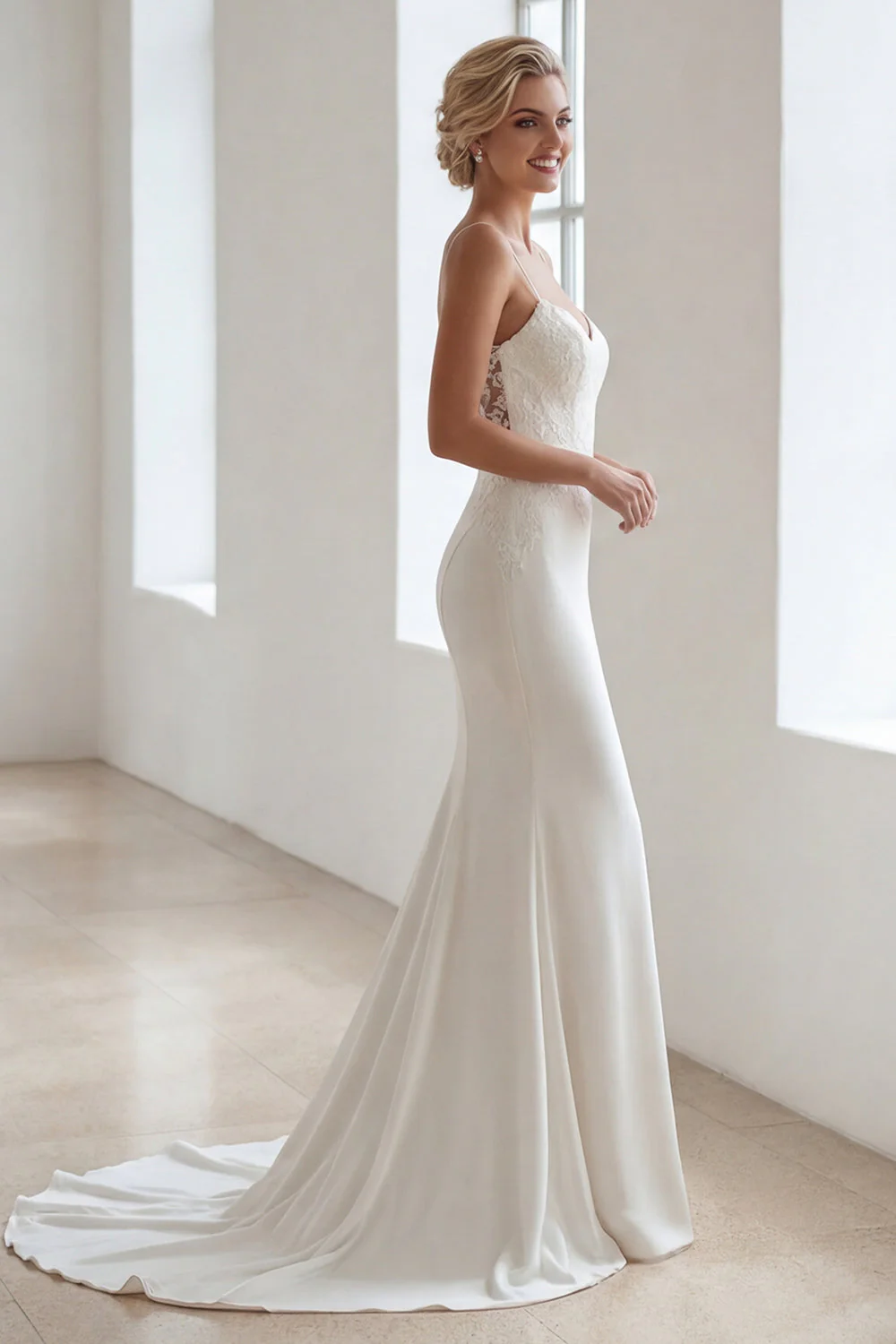 Ivory Spaghetti Straps Satin Mermaid Sweep Train Dress with Lace - Image 2