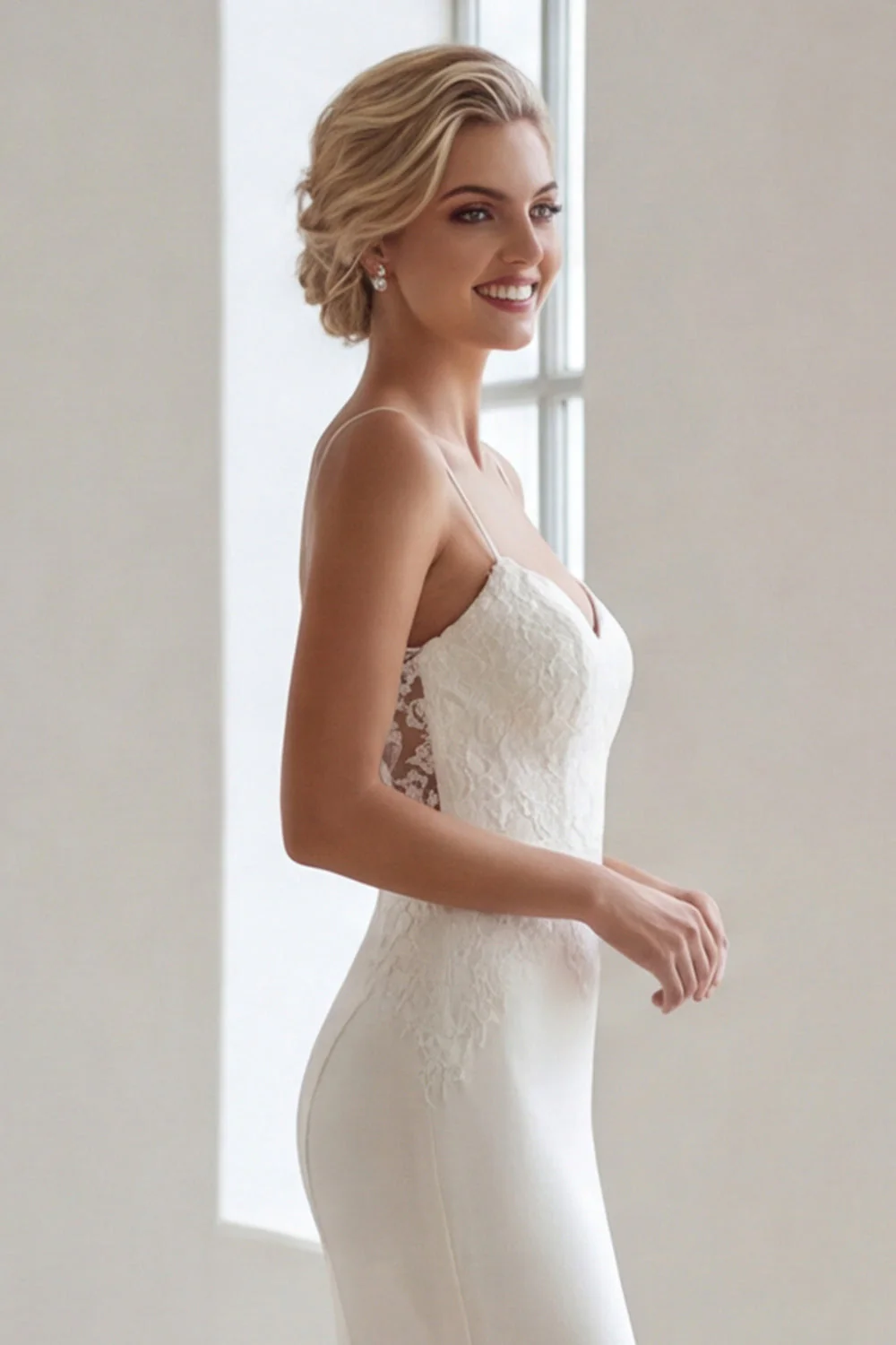 Ivory Spaghetti Straps Satin Mermaid Sweep Train Dress with Lace - Image 4