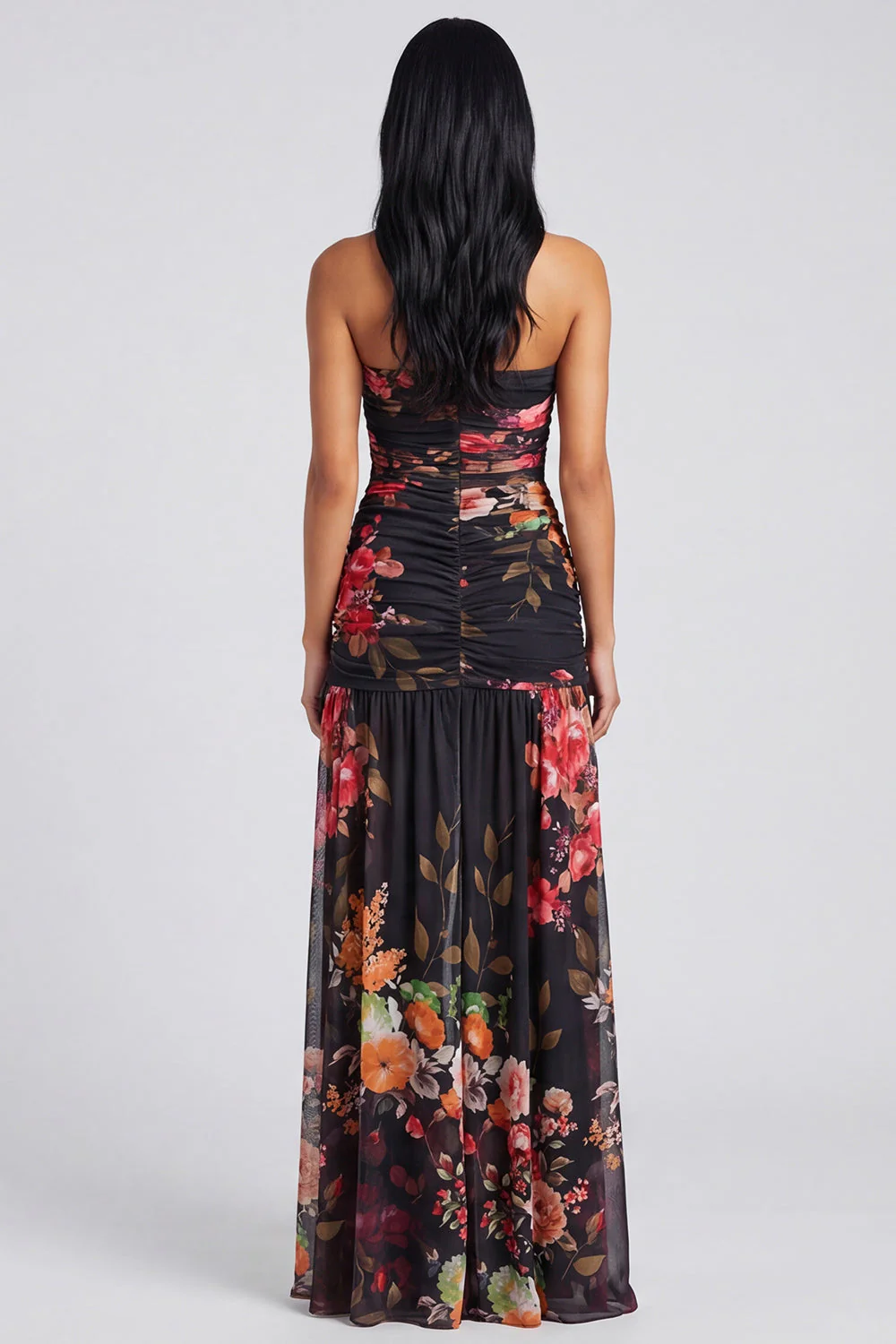 Strapless A Line Printed Ivory Floral Dress with Slit - Image 10