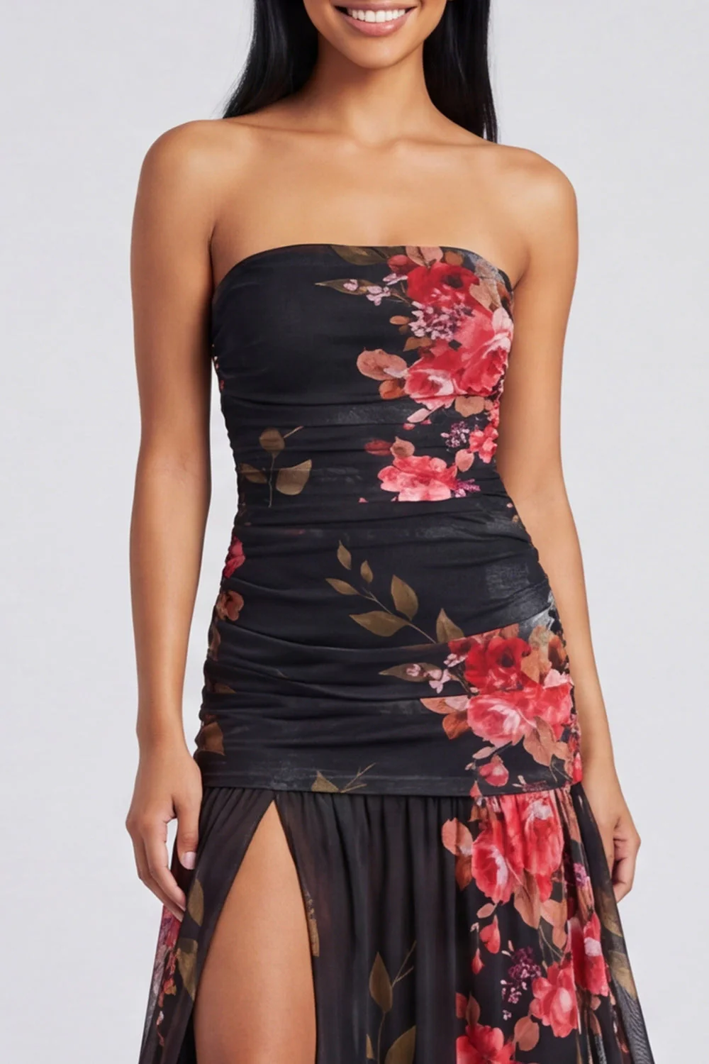 Strapless A Line Printed Ivory Floral Dress with Slit - Image 11