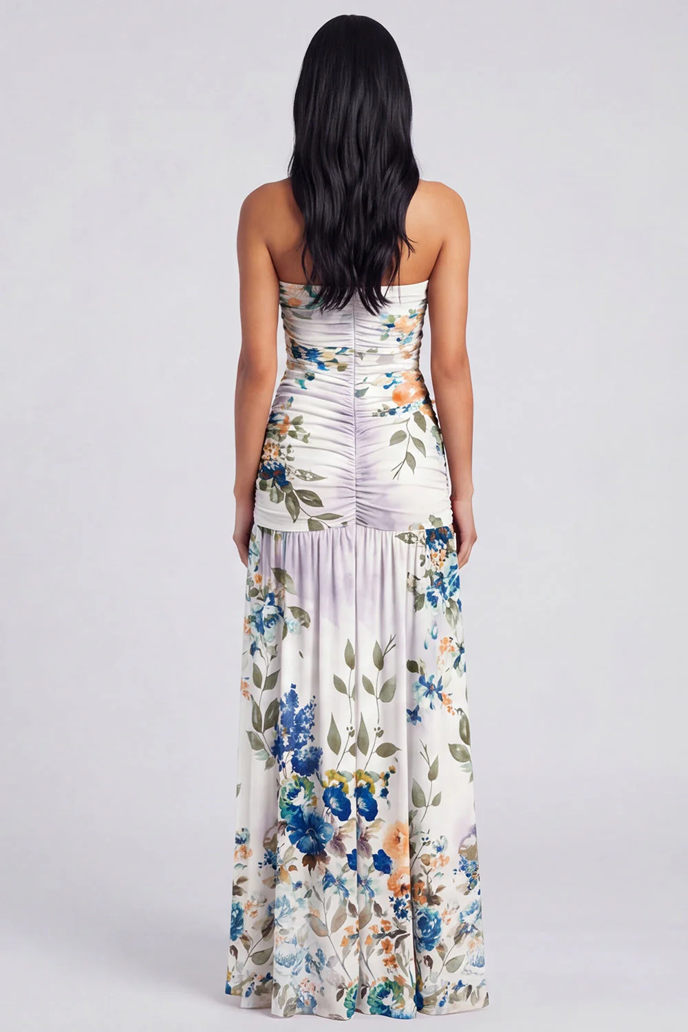Strapless A Line Printed Ivory Floral Dress with Slit - Image 2