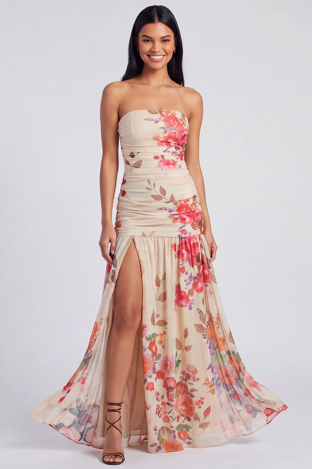 Strapless A Line Printed Ivory Floral Dress with Slit - Image 5