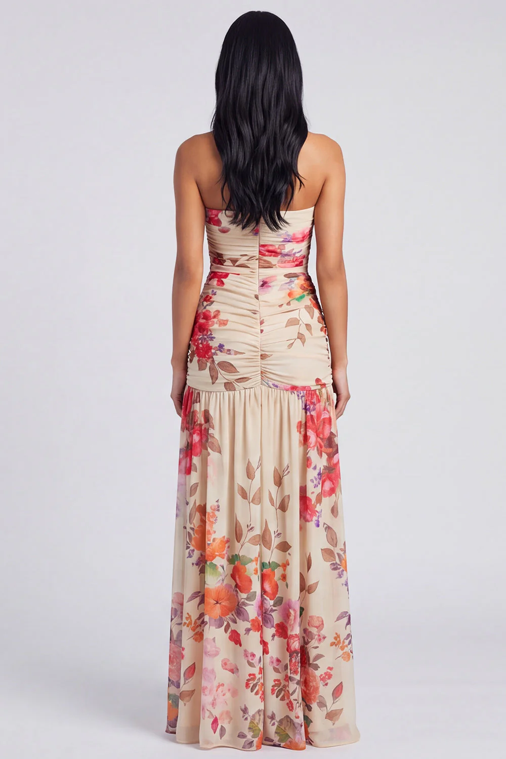 Strapless A Line Printed Ivory Floral Dress with Slit - Image 6