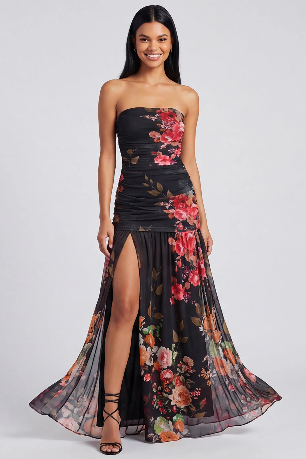 Strapless A Line Printed Ivory Floral Dress with Slit - Image 9