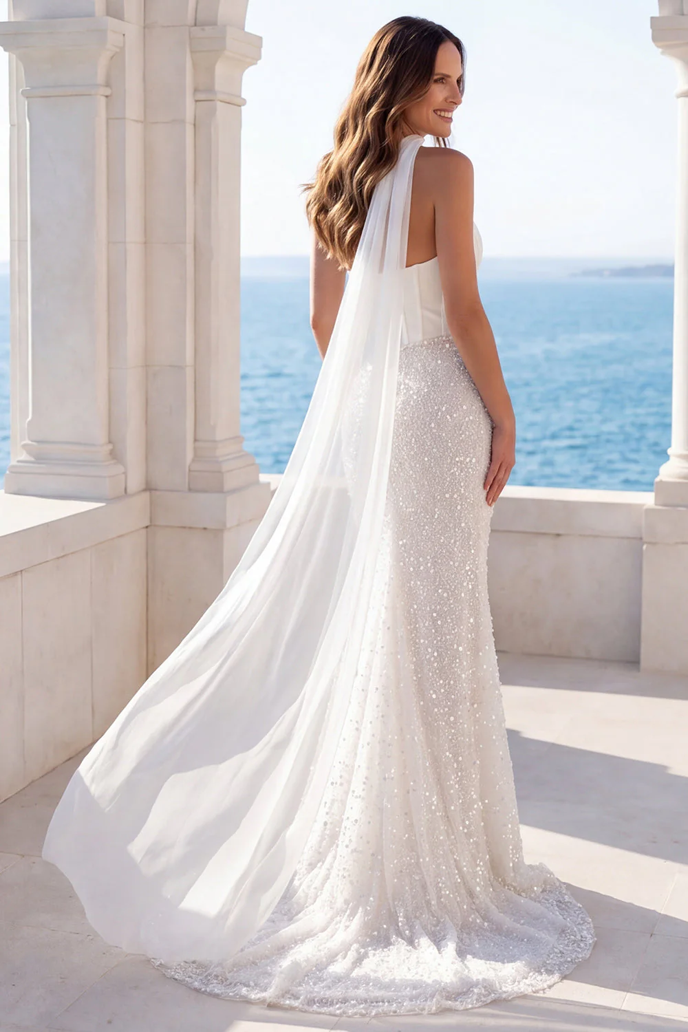 Ivory Strapless Sequin Mermaid Corset Wedding Dress with a Neck Scarf - Image 2