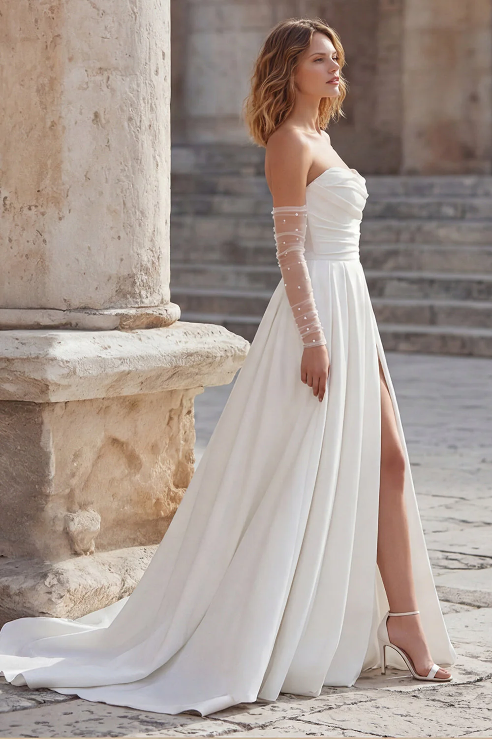 Ivory Sweetheart A Line Long Corset Wedding Dress with Slit - Image 3
