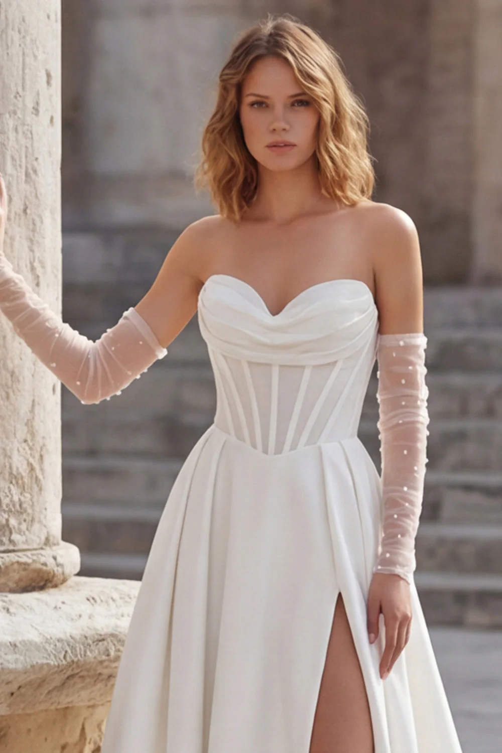 Ivory Sweetheart A Line Long Corset Wedding Dress with Slit - Image 4