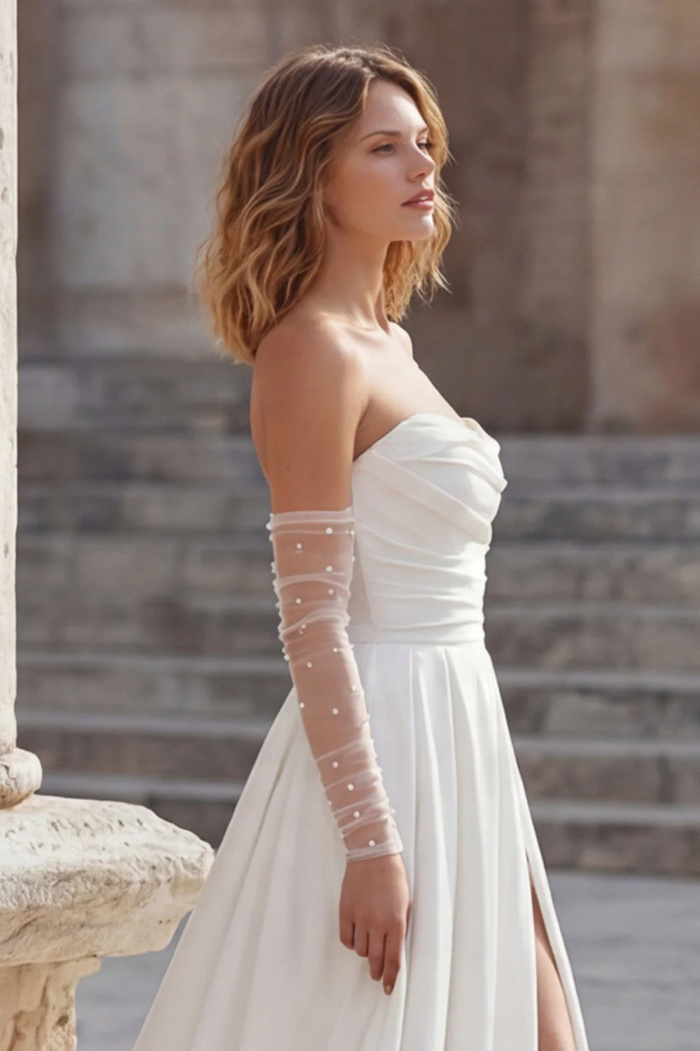 Ivory Sweetheart A Line Long Corset Wedding Dress with Slit - Image 6