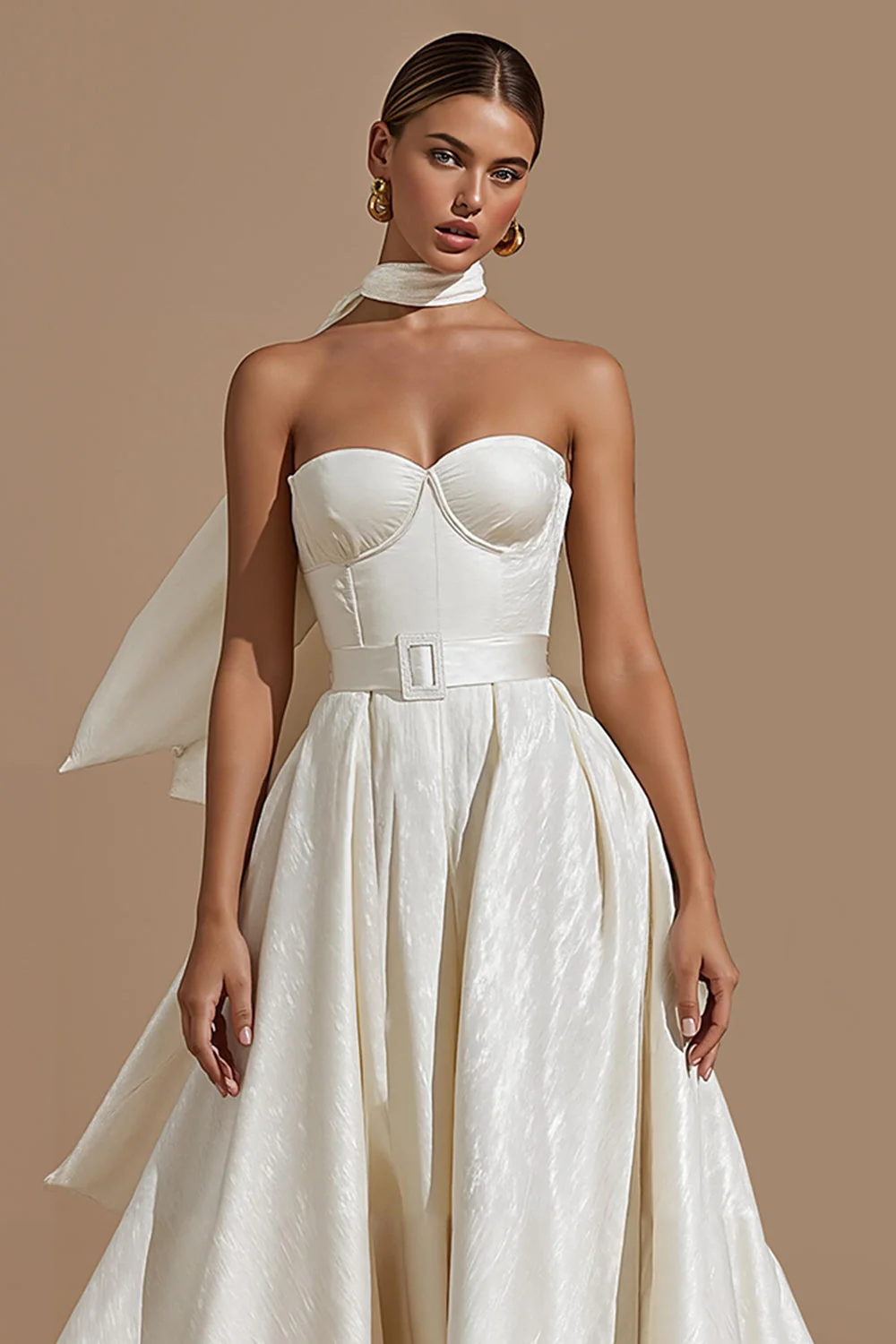 Ivory Sweetheart A Line Midi Wedding Dress with Belt - Image 3