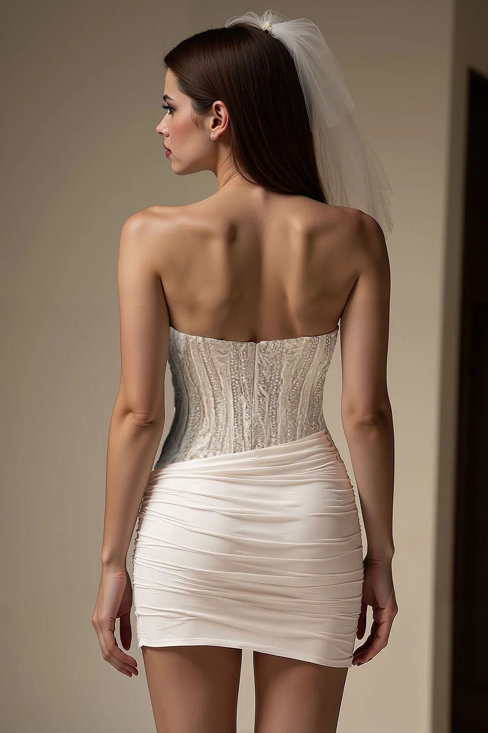 Ivory Sweetheart Bodycon Pleated Short Wedding Dress - Image 2