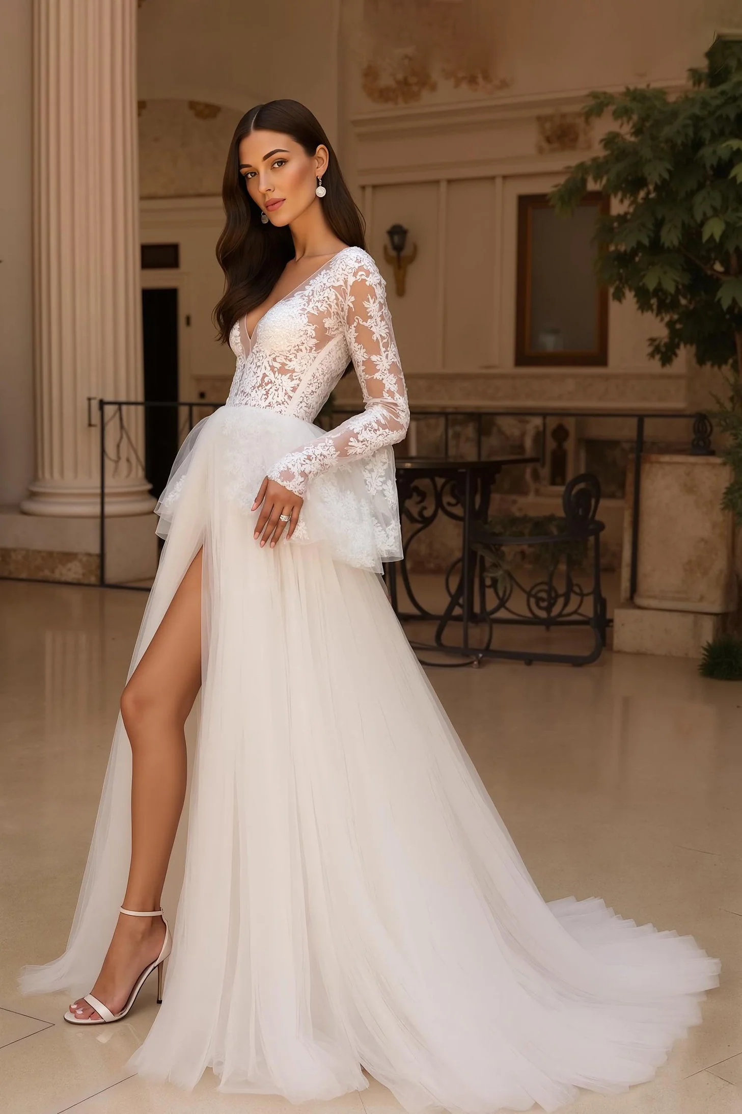 Ivory Tulle A Line V Neck Lace Wedding Dress With Flare Sleeves - Image 2