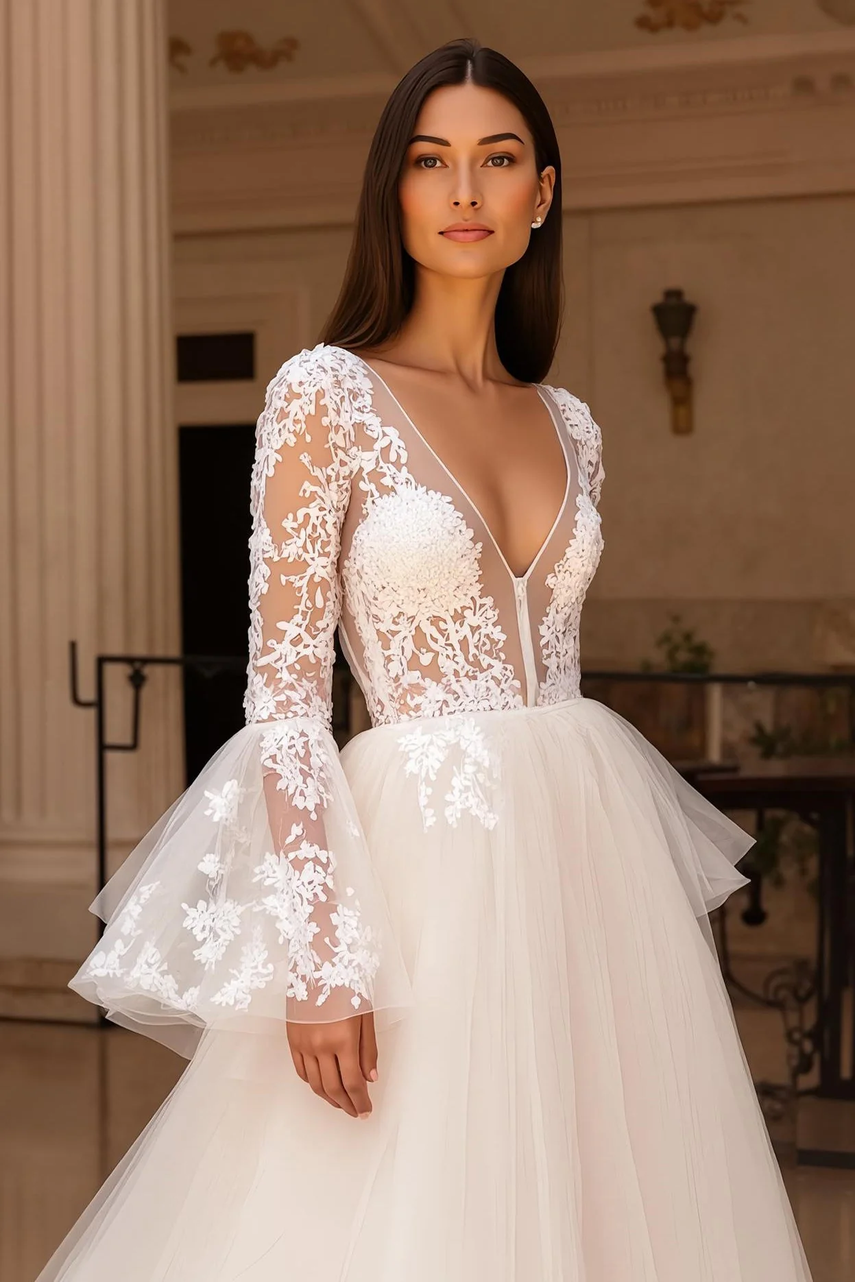 Ivory Tulle A Line V Neck Lace Wedding Dress With Flare Sleeves - Image 3