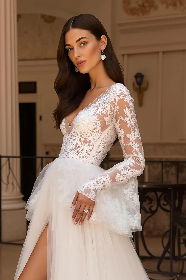 Ivory Tulle A Line V Neck Lace Wedding Dress With Flare Sleeves - Image 4