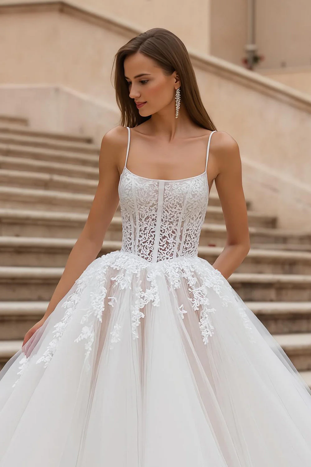 Ivory Tulle Corset A Line Appliqued Wedding Dress - Image 3