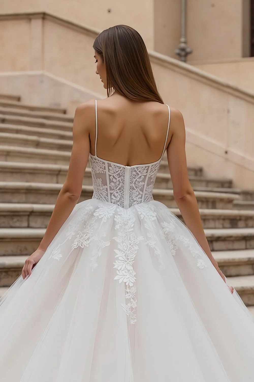 Ivory Tulle Corset A Line Appliqued Wedding Dress - Image 4
