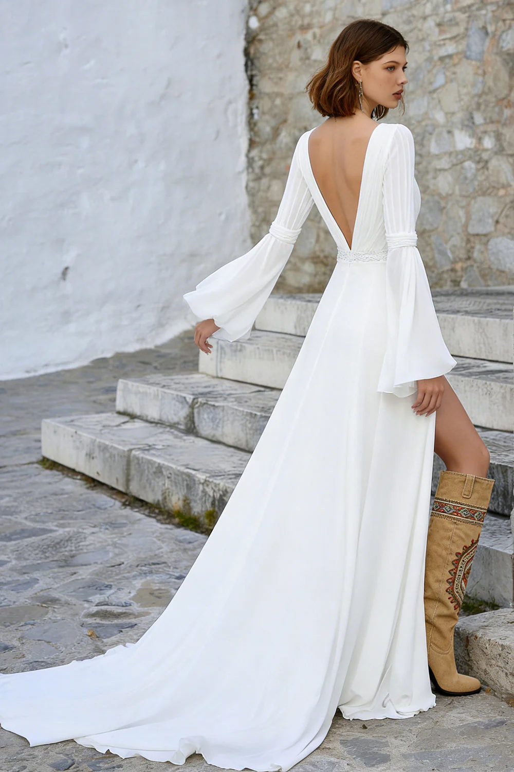 Ivory V Neck A Line Long Sleeves Wedding Dress with Slit - Image 2