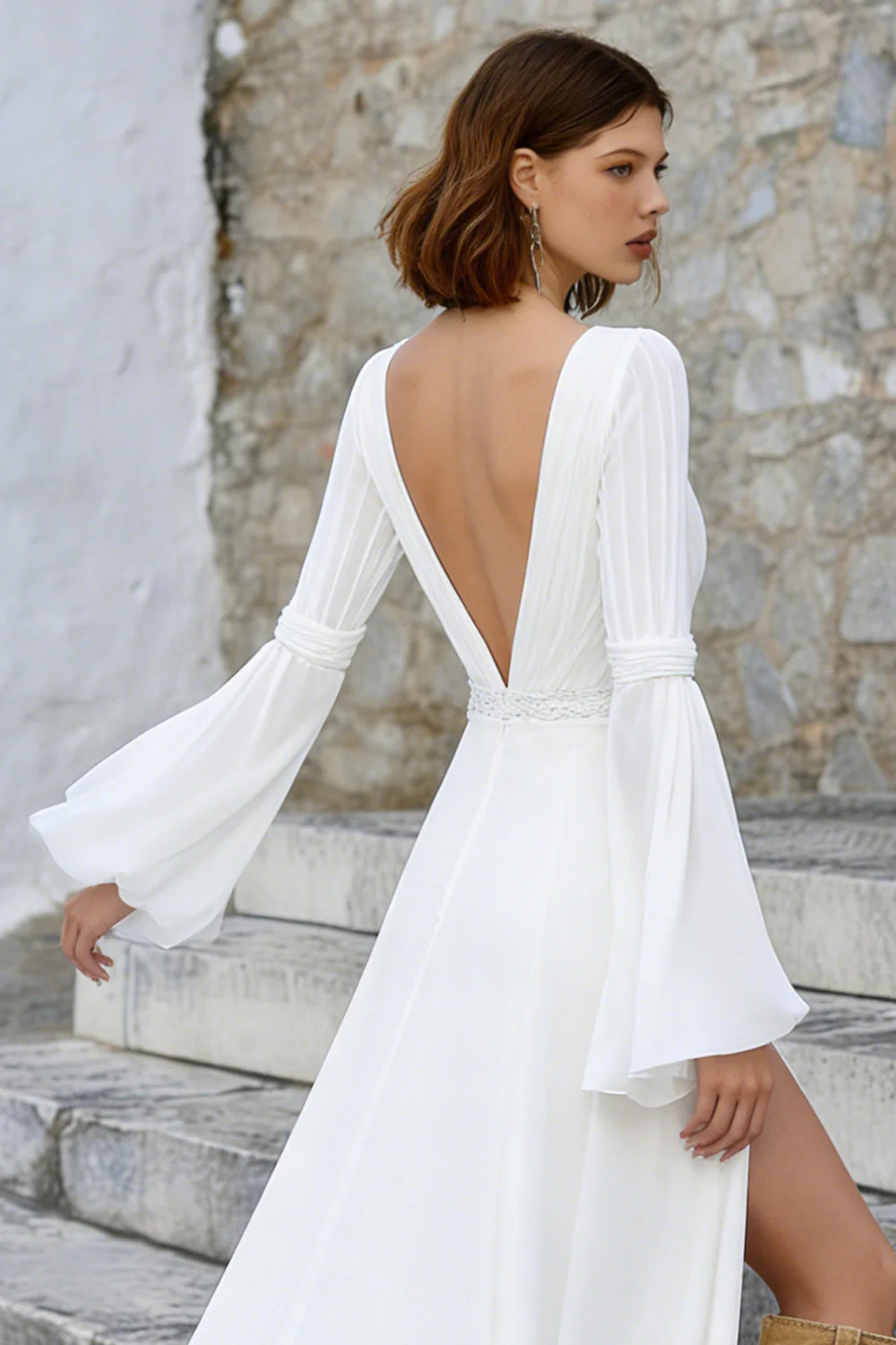 Ivory V Neck A Line Long Sleeves Wedding Dress with Slit - Image 5