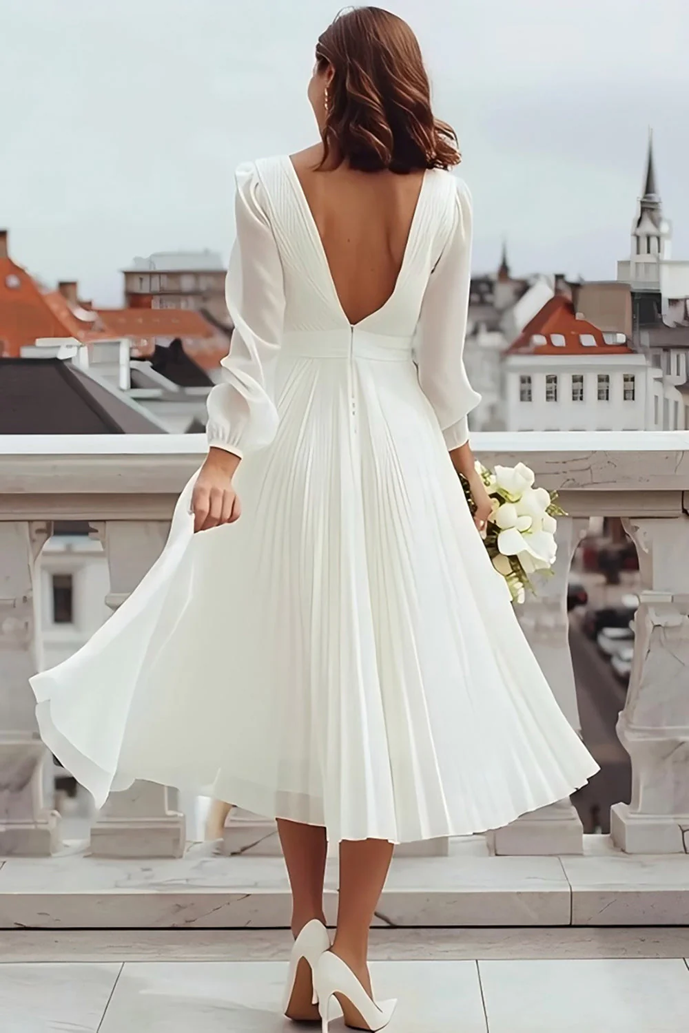 Ivory V Neck A Line Registry Office Wedding Dress with Slit - Image 2