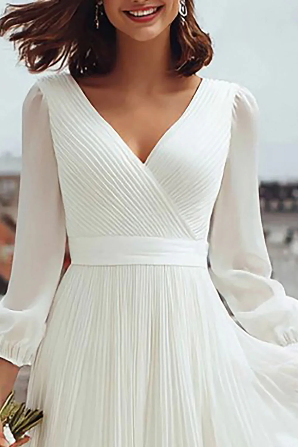 Ivory V Neck A Line Registry Office Wedding Dress with Slit - Image 3