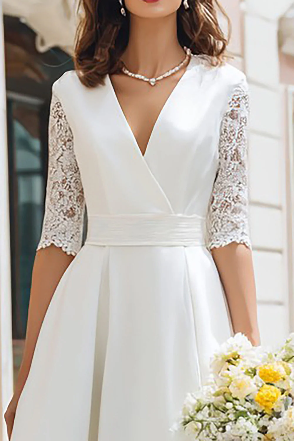 Ivory V-Neck A Line Tea Length Engagement Dress with Lace - Image 3