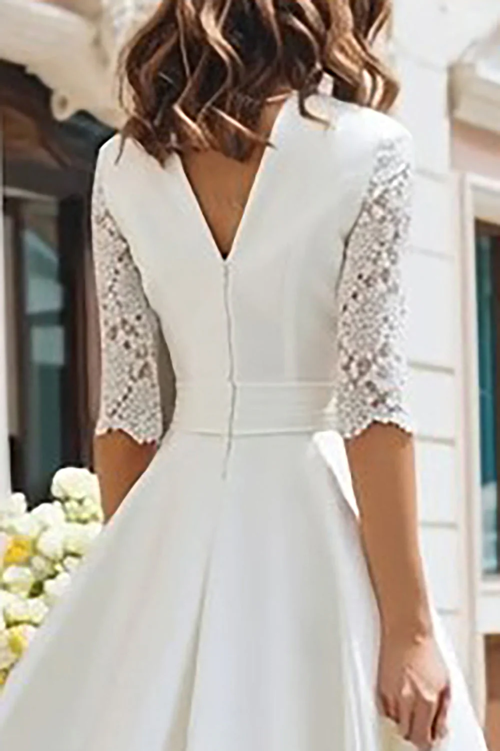 Ivory V-Neck A Line Tea Length Engagement Dress with Lace - Image 4