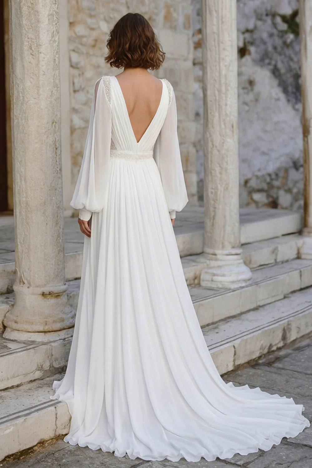 Ivory V Neck Chiffon Long Sleeves Wedding Dress with Slit - Image 2