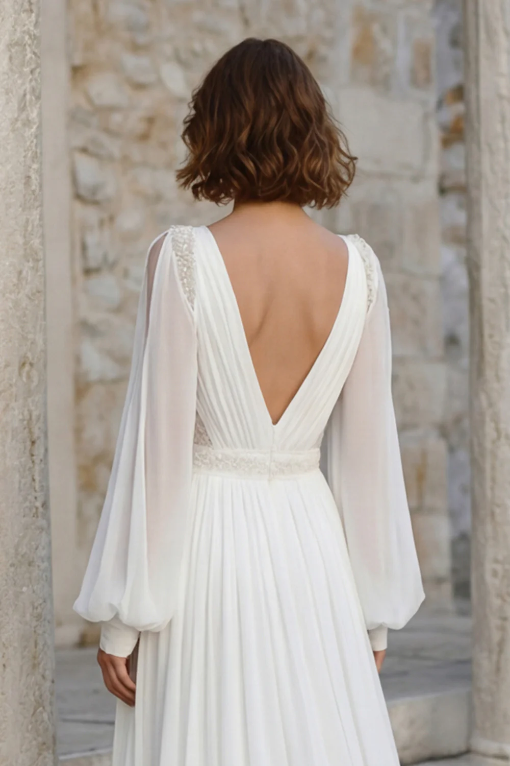 Ivory V Neck Chiffon Long Sleeves Wedding Dress with Slit - Image 5