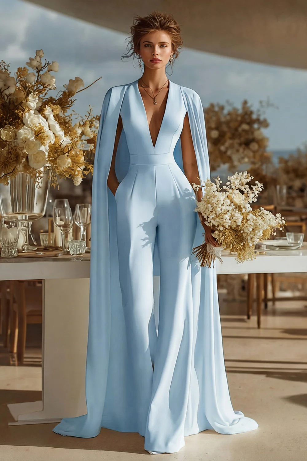 Ivory V-Neck Fitted Bridal Jumpsuits with Cape - Image 10