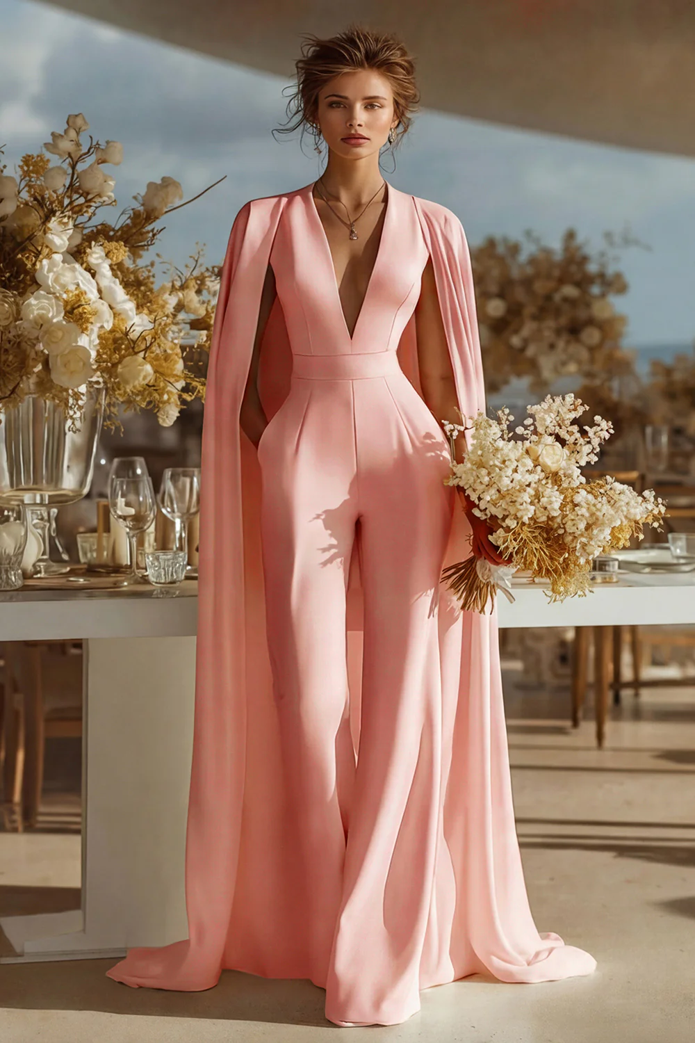 Ivory V-Neck Fitted Bridal Jumpsuits with Cape - Image 3