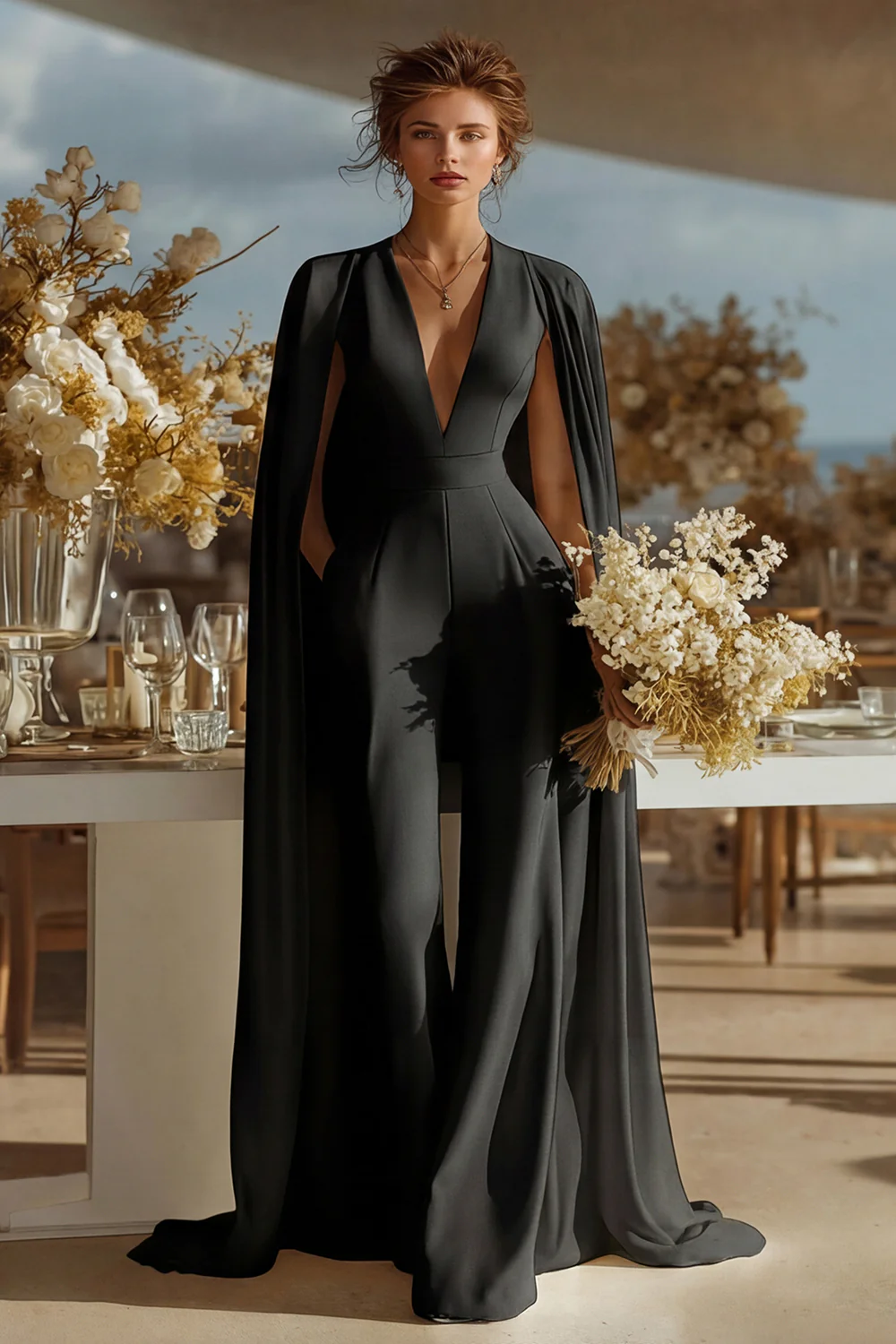 Ivory V-Neck Fitted Bridal Jumpsuits with Cape - Image 4