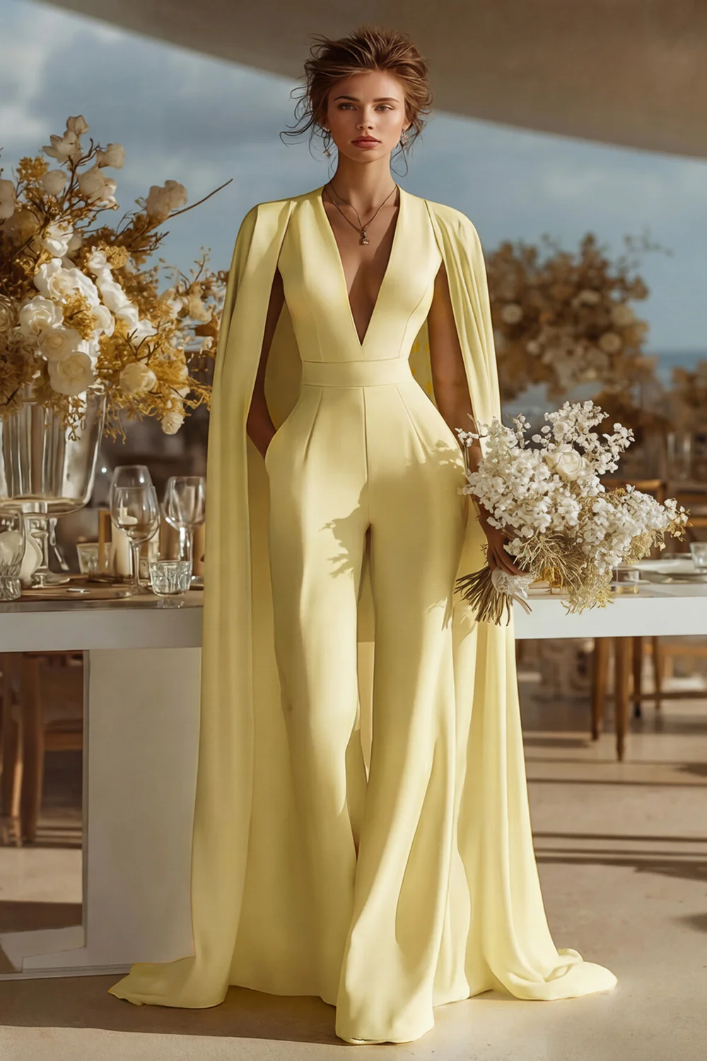 Ivory V-Neck Fitted Bridal Jumpsuits with Cape - Image 5