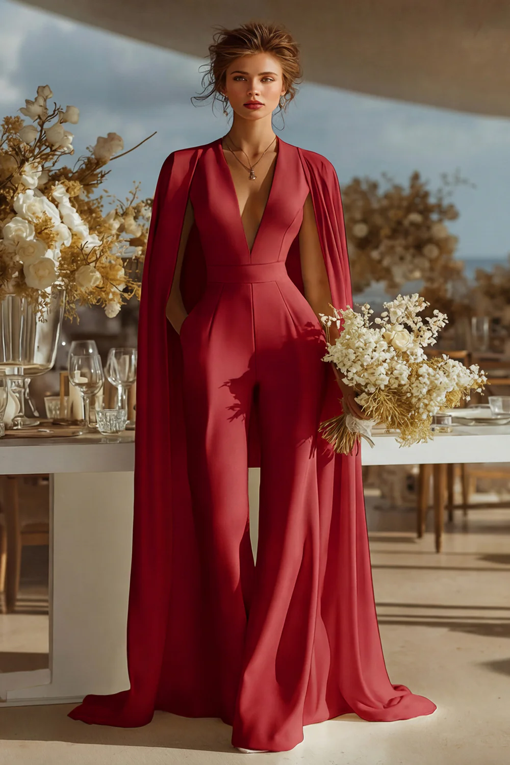Ivory V-Neck Fitted Bridal Jumpsuits with Cape - Image 6